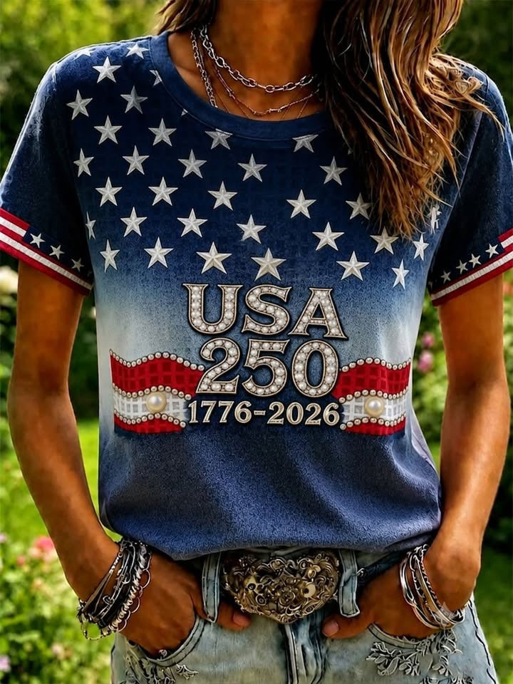Rhinestone USA 250 Shirt for Women, Pearl Flag Ribbon Design, 4th Of July Shirt