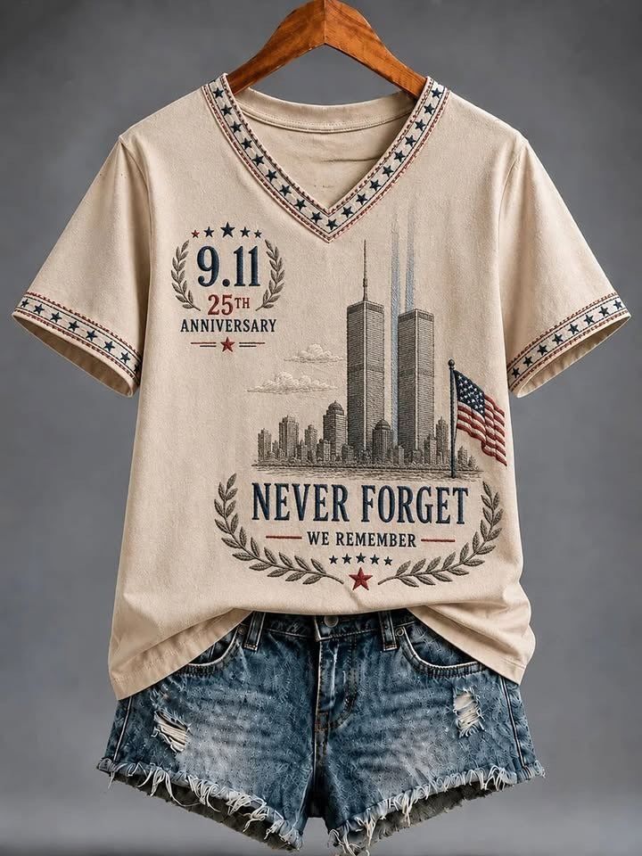 We Will Never Forget 25th Anniversary Patriotic Shirt, 9/11 Memorial Shirt, Patriot Day Women V-neck Shirt