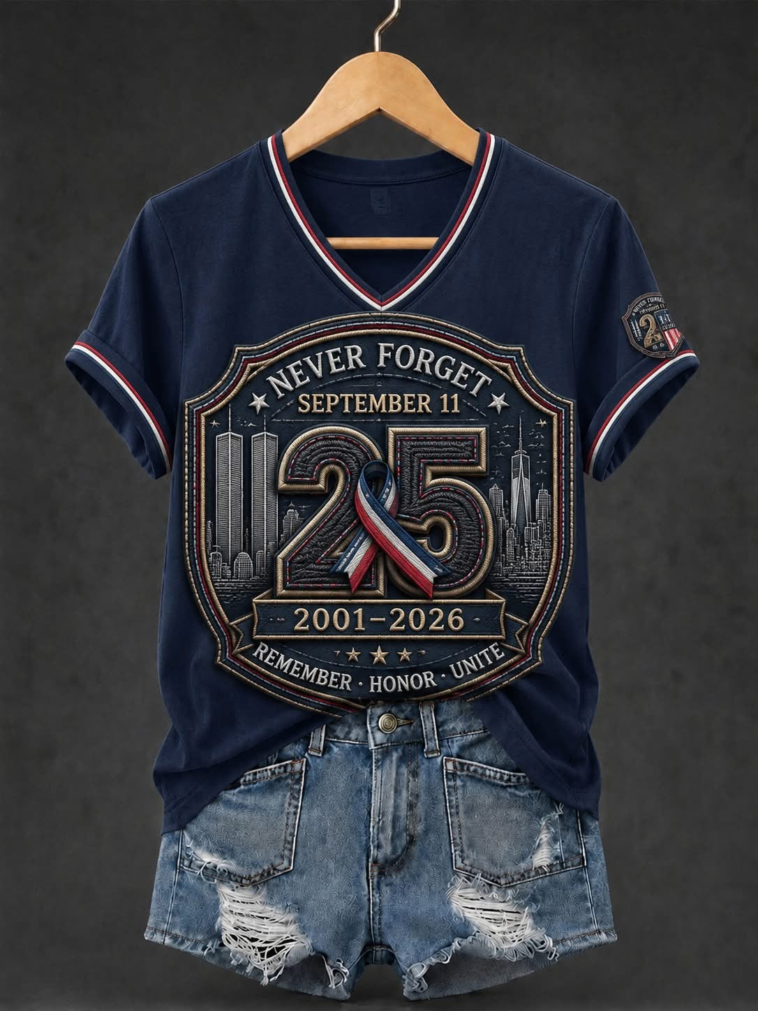 Never Forget September 11 Shirt, 911 Remember Patriotic Shirt, 25th Anniversary Memorial Womens V-neck