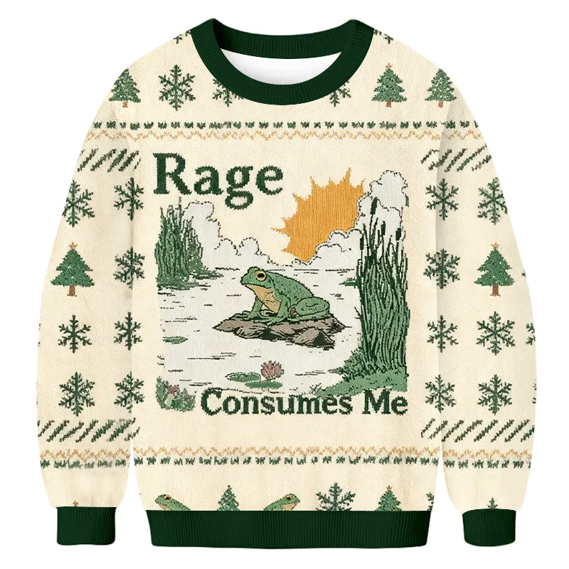 Rage Consumes Me Frog Sitting On Rock Ugly Sweater, Funny Christmas Ugly Sweatshirt, Xmas Ugly Sweater