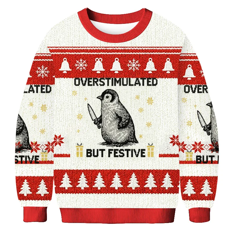 Overstimulated But Festive Penguin Fight Meme Ugly Sweater, Funny Christmas Ugly Sweatshirt, Xmas Ugly Sweater