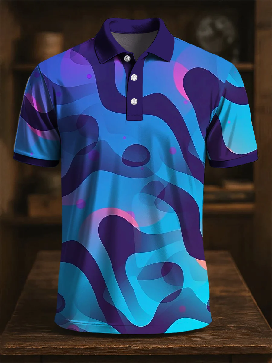 Multicolor Line Art Printing Casual Business Polo Shirt, Polo Shirts For Men, Golf Gift For Men