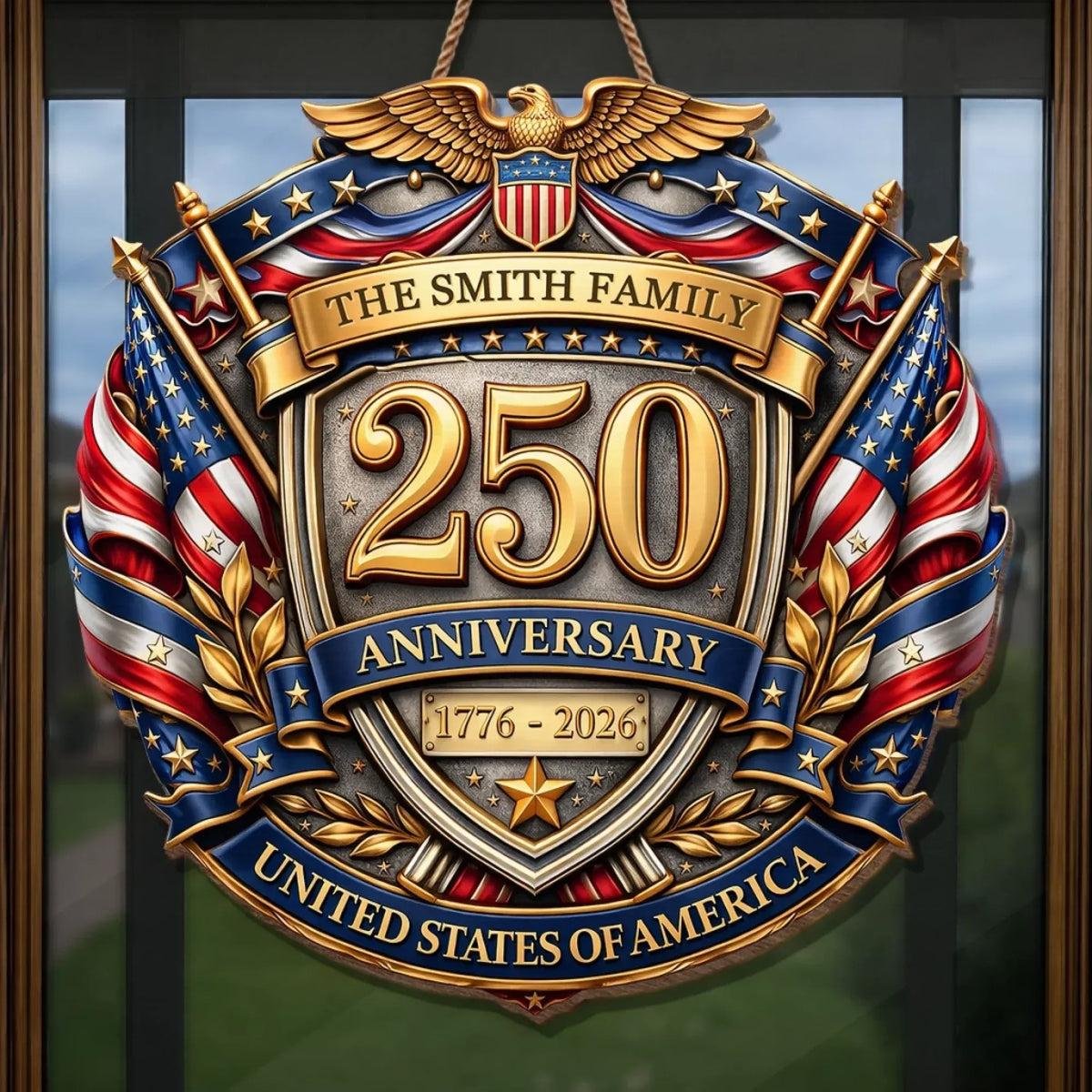 USA 250 Anniversary Shield Custom Wood Sign, Patriotic Door Decor, Family Name Gift