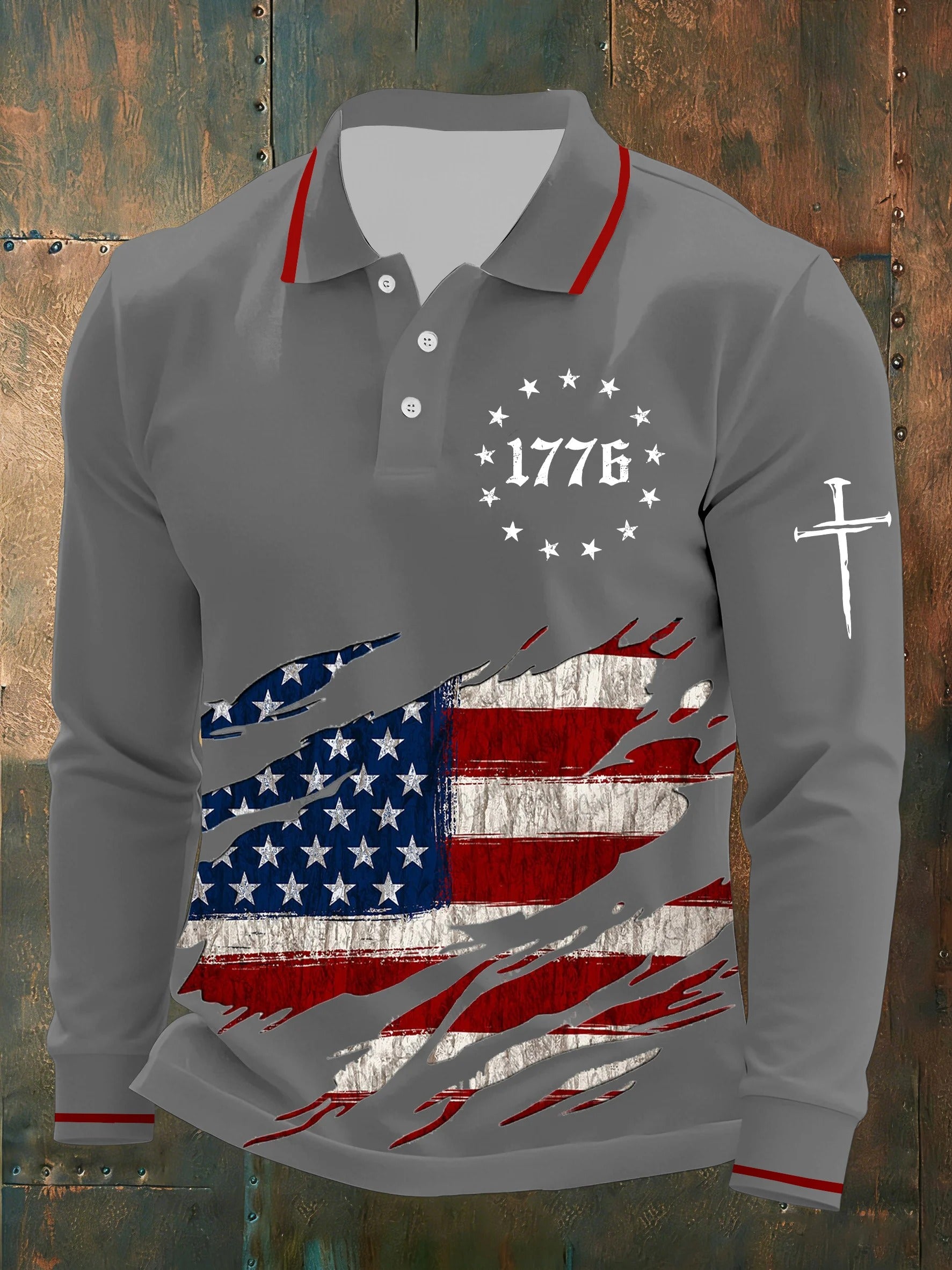 1776 American Flag Faith Cross Grey Men's Long Sleeve Polo, 4th Of July Patriotic Print Shirt