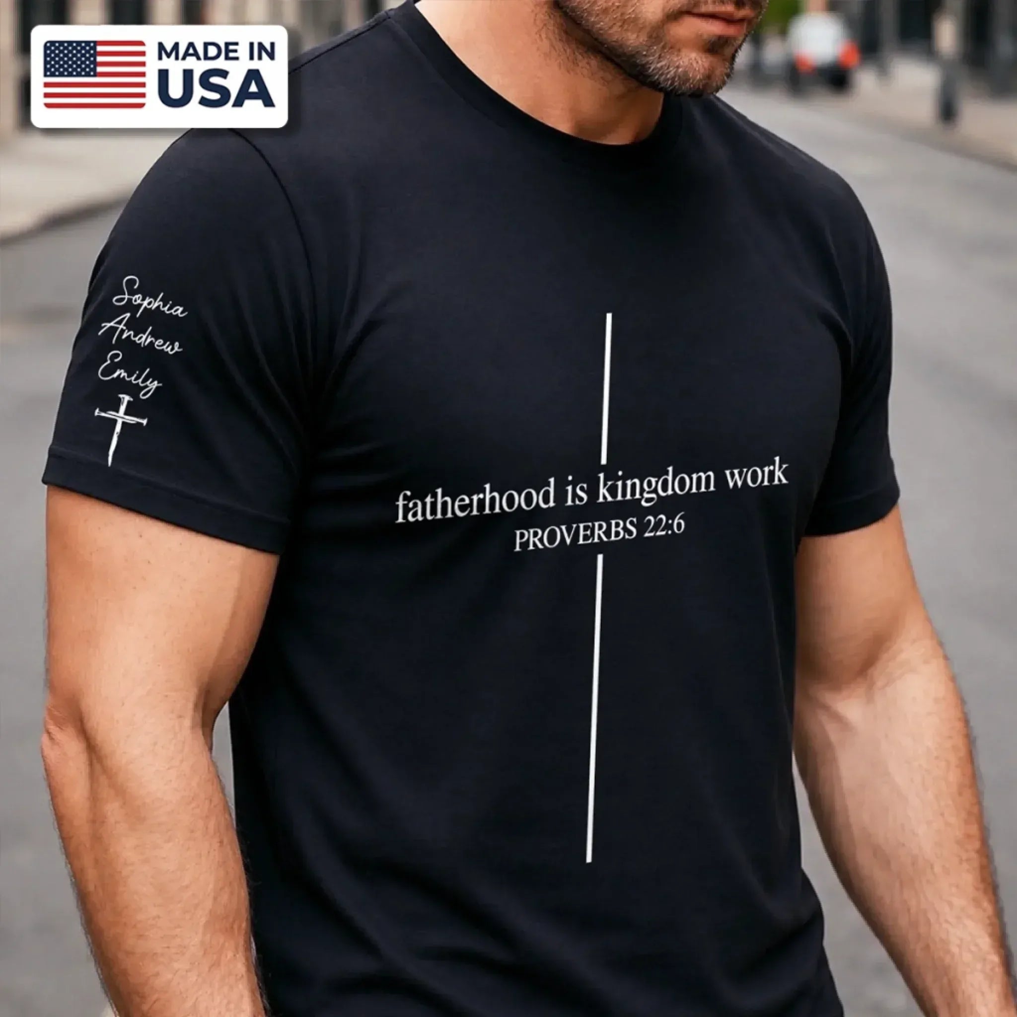 Personalized Christian Dad T-Shirt with Kids Names on Sleeve, Father's Day Gift For Dad, Fatherhood Is Kingdom Work