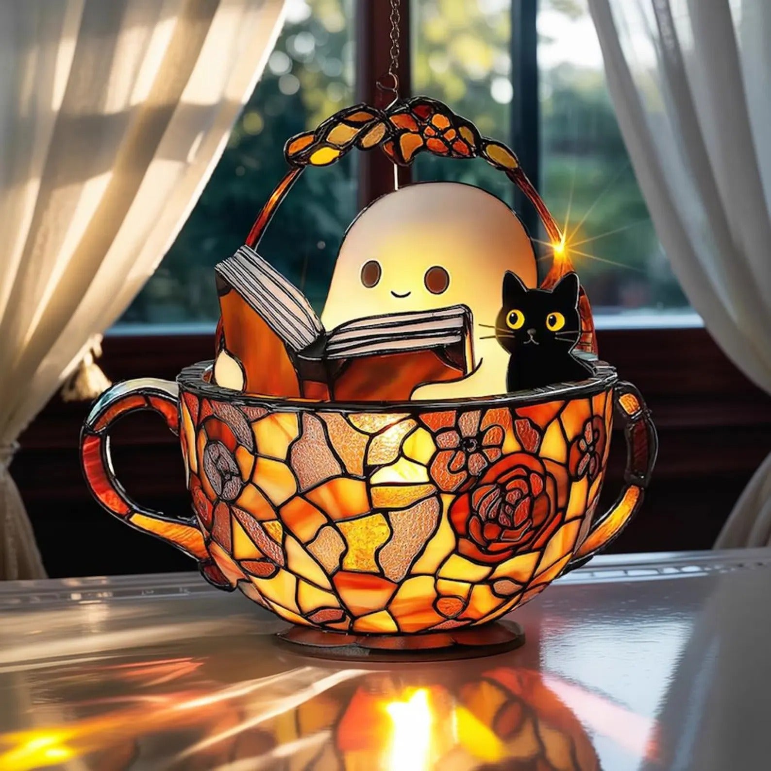 Ghost And Black Cat In Teacup, Book Lover Gift, Acrylic Suncatcher, Christmas Gifts, Christmas Ornament