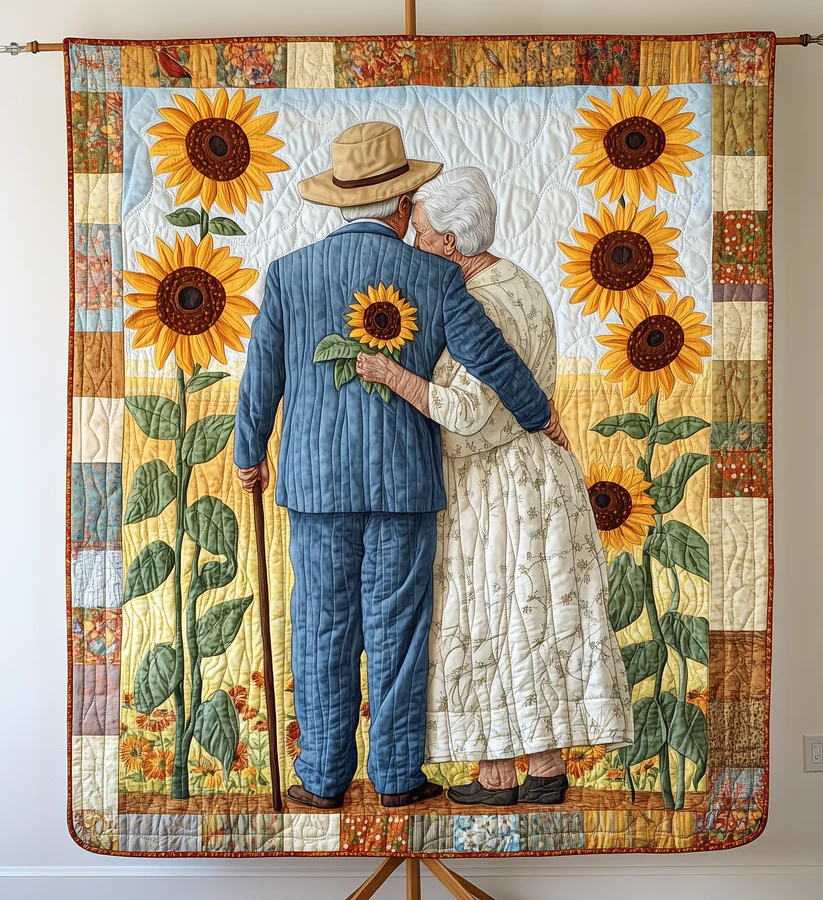 Holding Hand Til We Die Old Couple Sunflower Lover Quilt Blanket, Valentines Couple Gift, Valentine Blanket