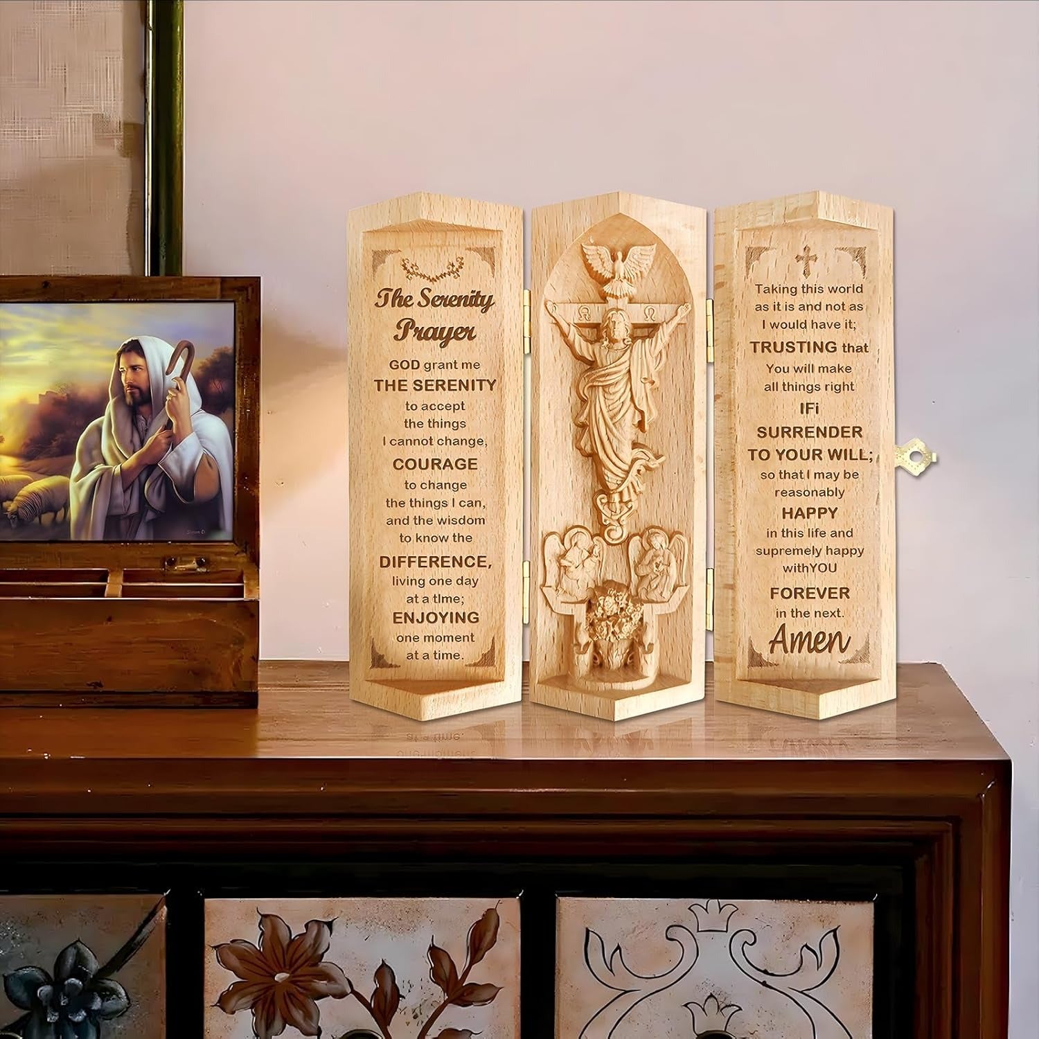 The Serenity Prayer, Personalized Openable Wooden Cylinder Sculpture of Jesus Christ, Christian Gifts