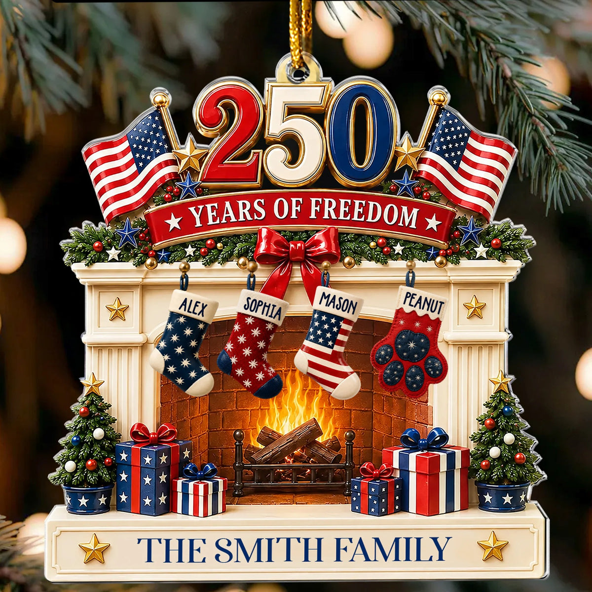 Custom Family Name 250 Years Of Freedom Acrylic Ornament, Christmas Tree Decor