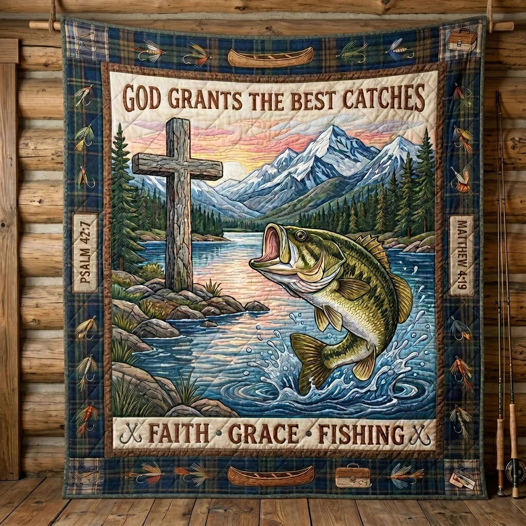 Faith Grace Fishing Mountain Quilt Blanket, Fishing Blanket, Bedroom Decor