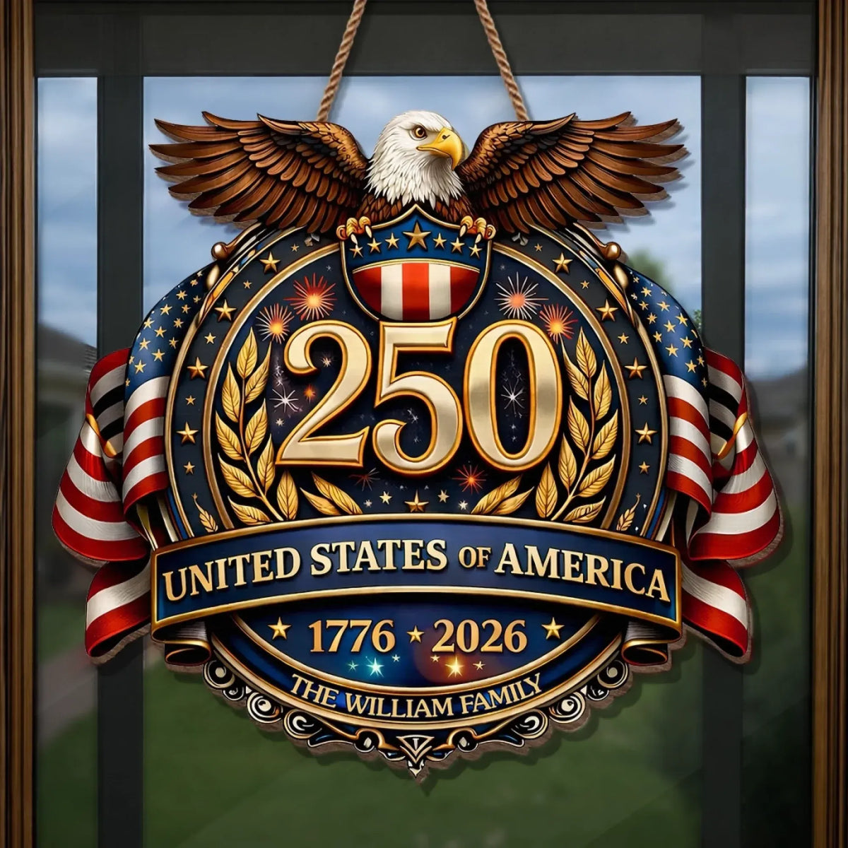 Personalized USA 250 Anniversary Eagle Custom Wood Sign, Americana Wall Decor, Family Gift