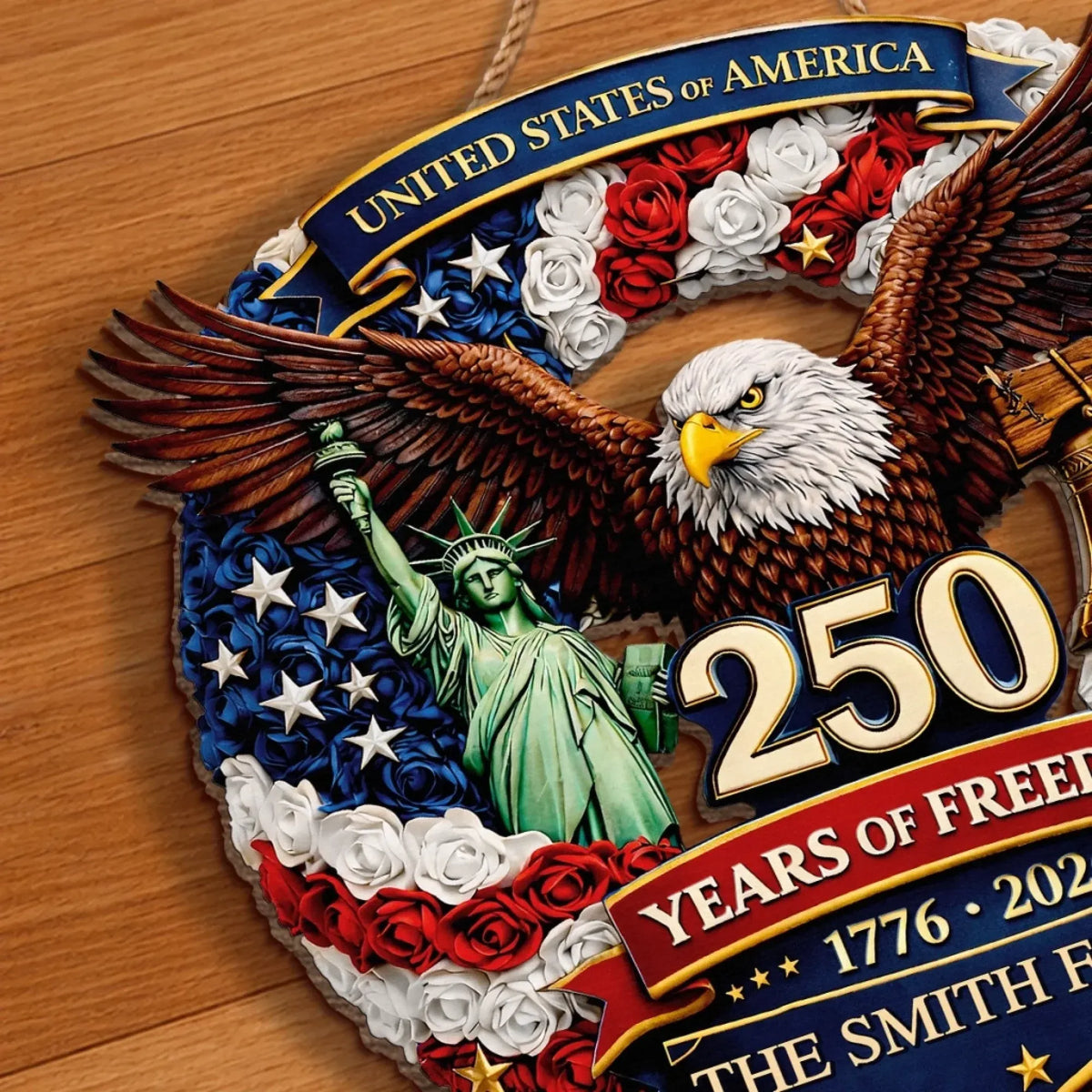 Personalized America 250 Floral Eagle Custom Wood Sign, Patriotic Door Decor, Family Gift