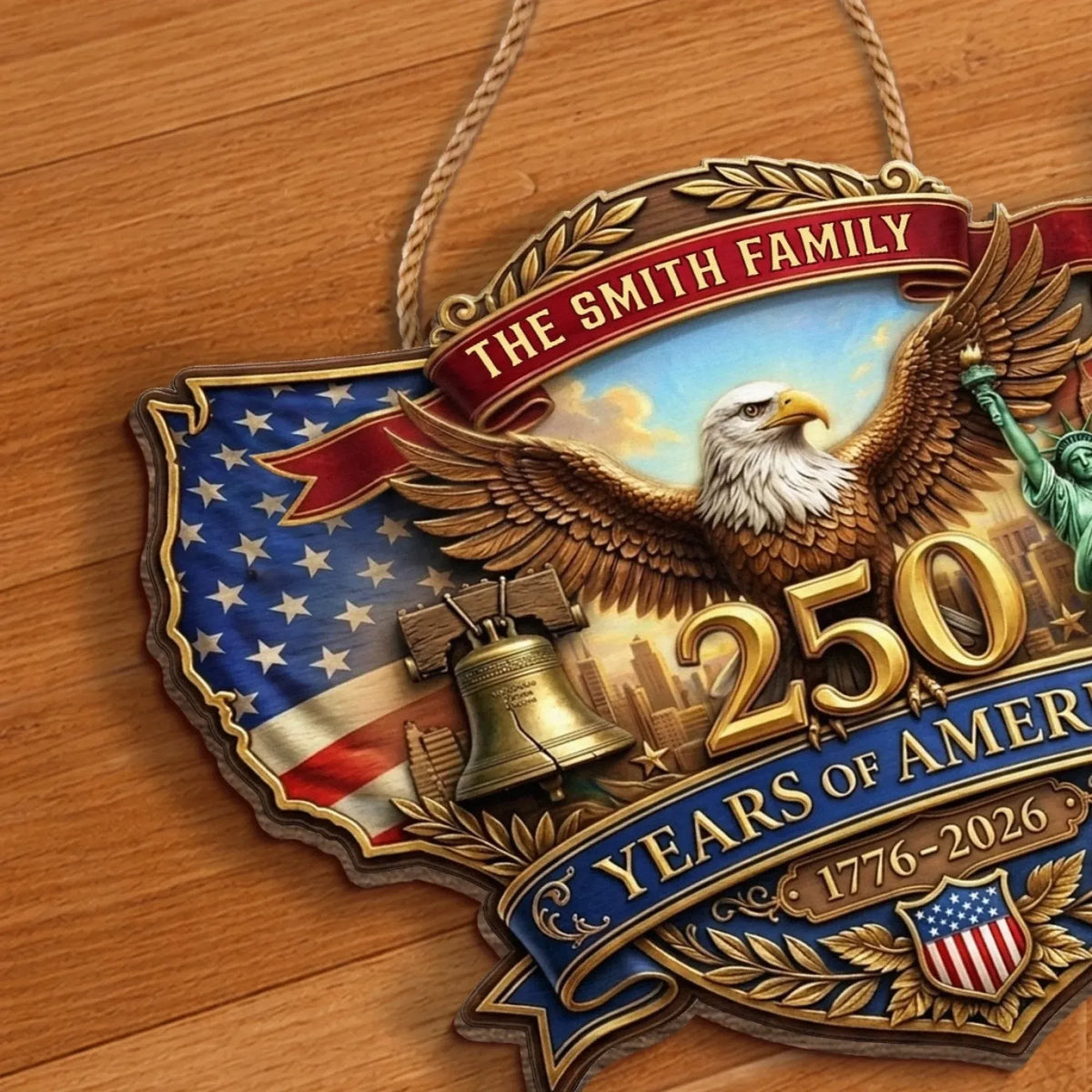 USA Map Eagle Liberty Bell Custom Wood Sign, America 250 Decor, Family Name Gift