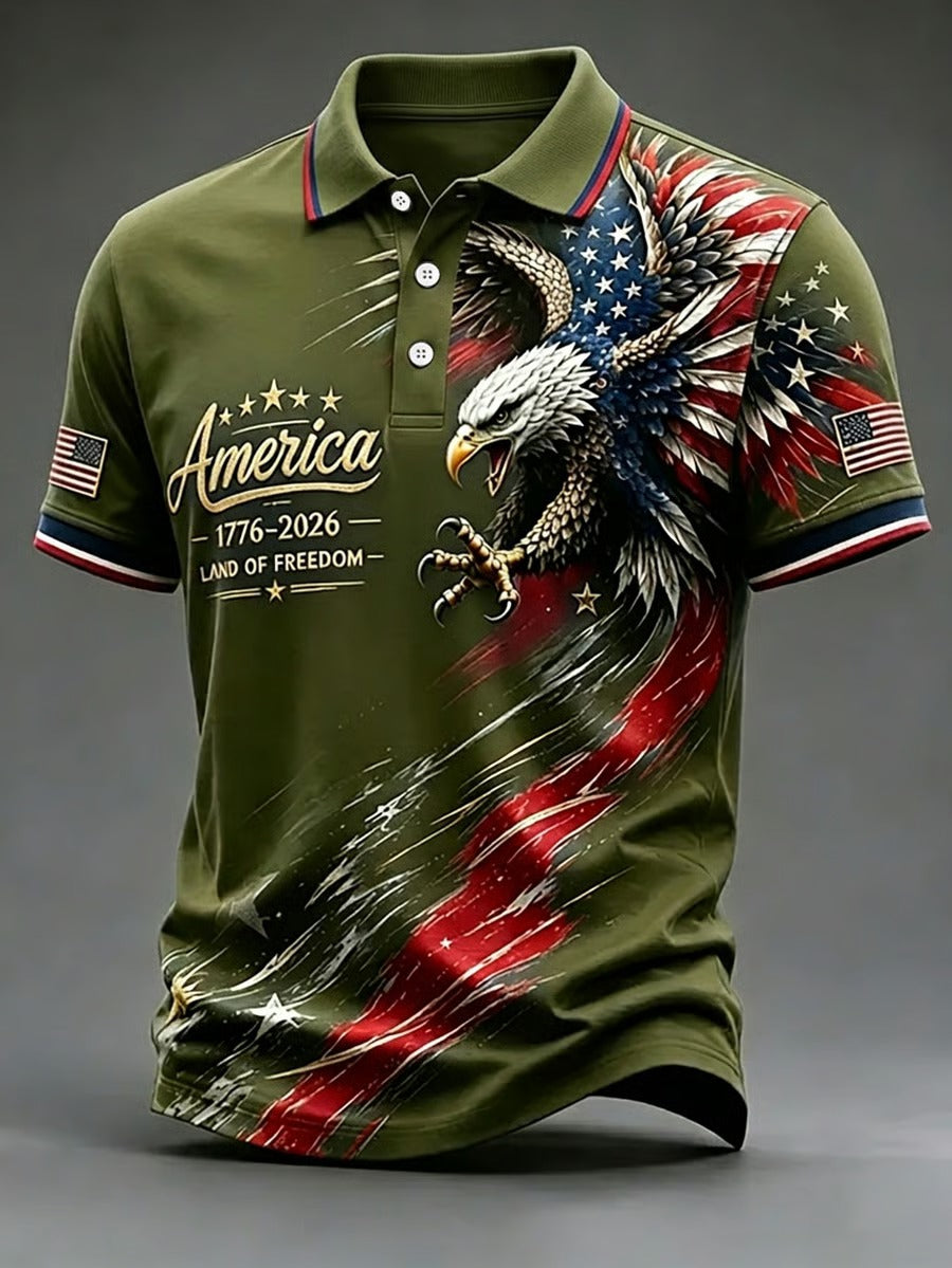 USA 250 Men's Polo Shirt, Land Of Freedom Eagle Artwork, Patriotic Shirt