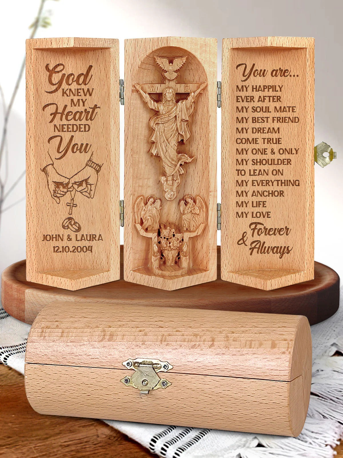 God Knew My Heart Needed You, Personalized Openable Wooden Cylinder Sculpture of Jesus Christ, Christian Gifts