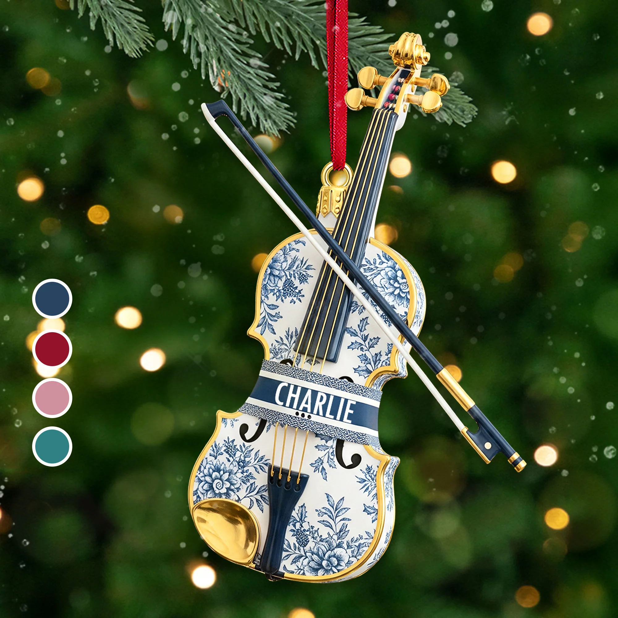 Violin Toile De Jouy Ornament, Musical Instrument Ornaments, Custom Acrylic Christmas Ornaments