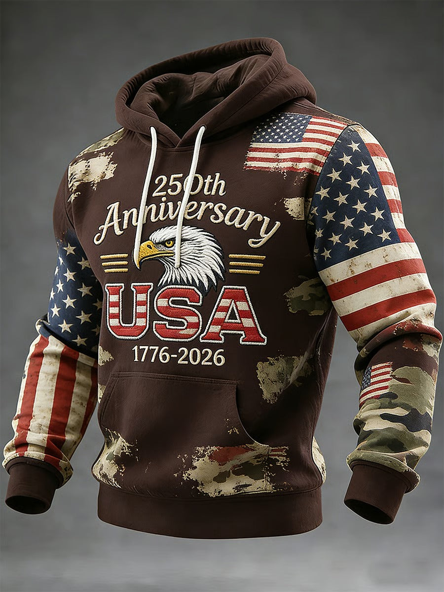 250th Anniversary Eagle USA American Flag Pattern Brown Hoodie, Cool 4th Of July Shirt