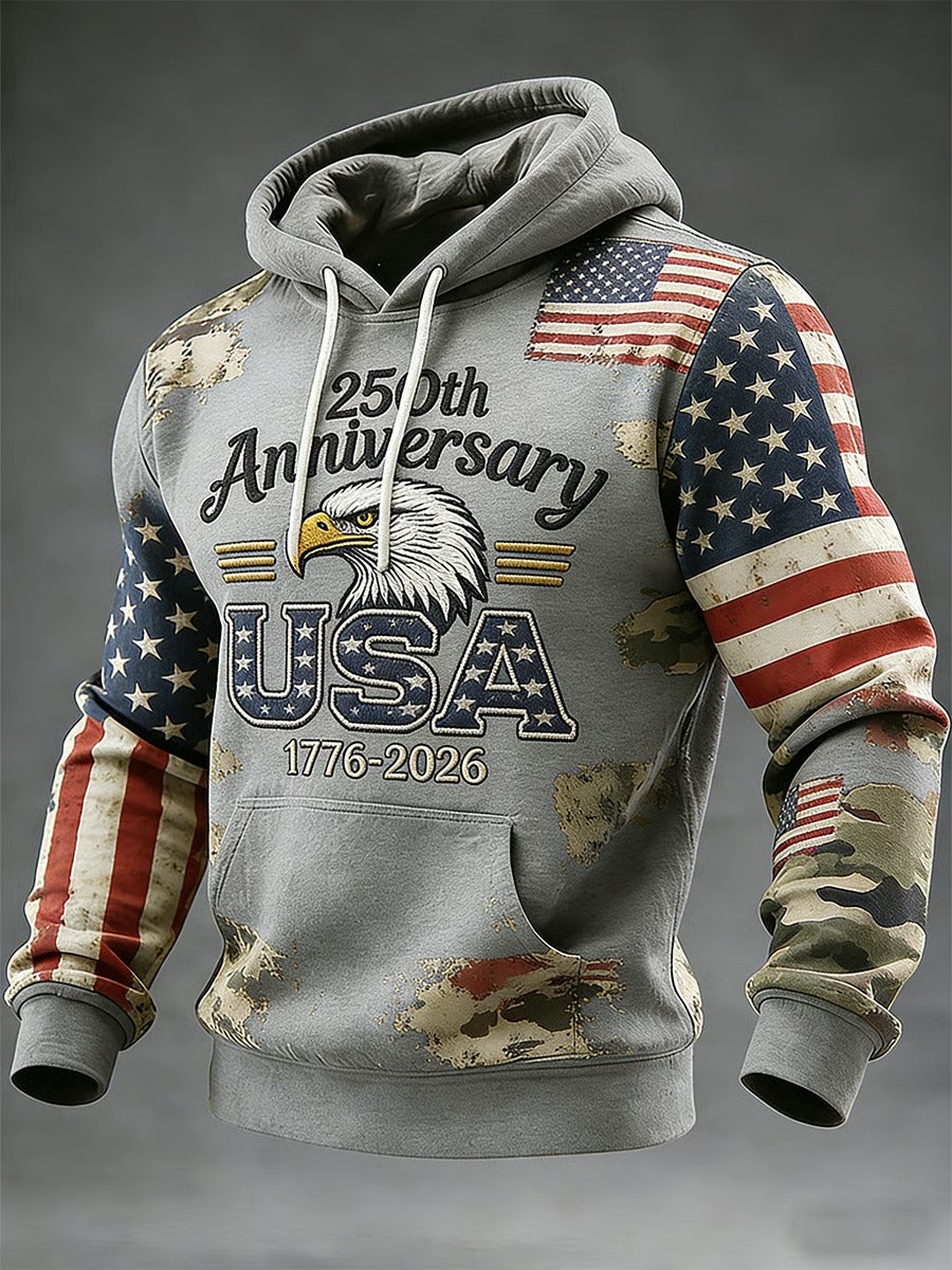 250th Anniversary Eagle USA American Flag Pattern Grey Hoodie, Cool 4th Of July Shirt