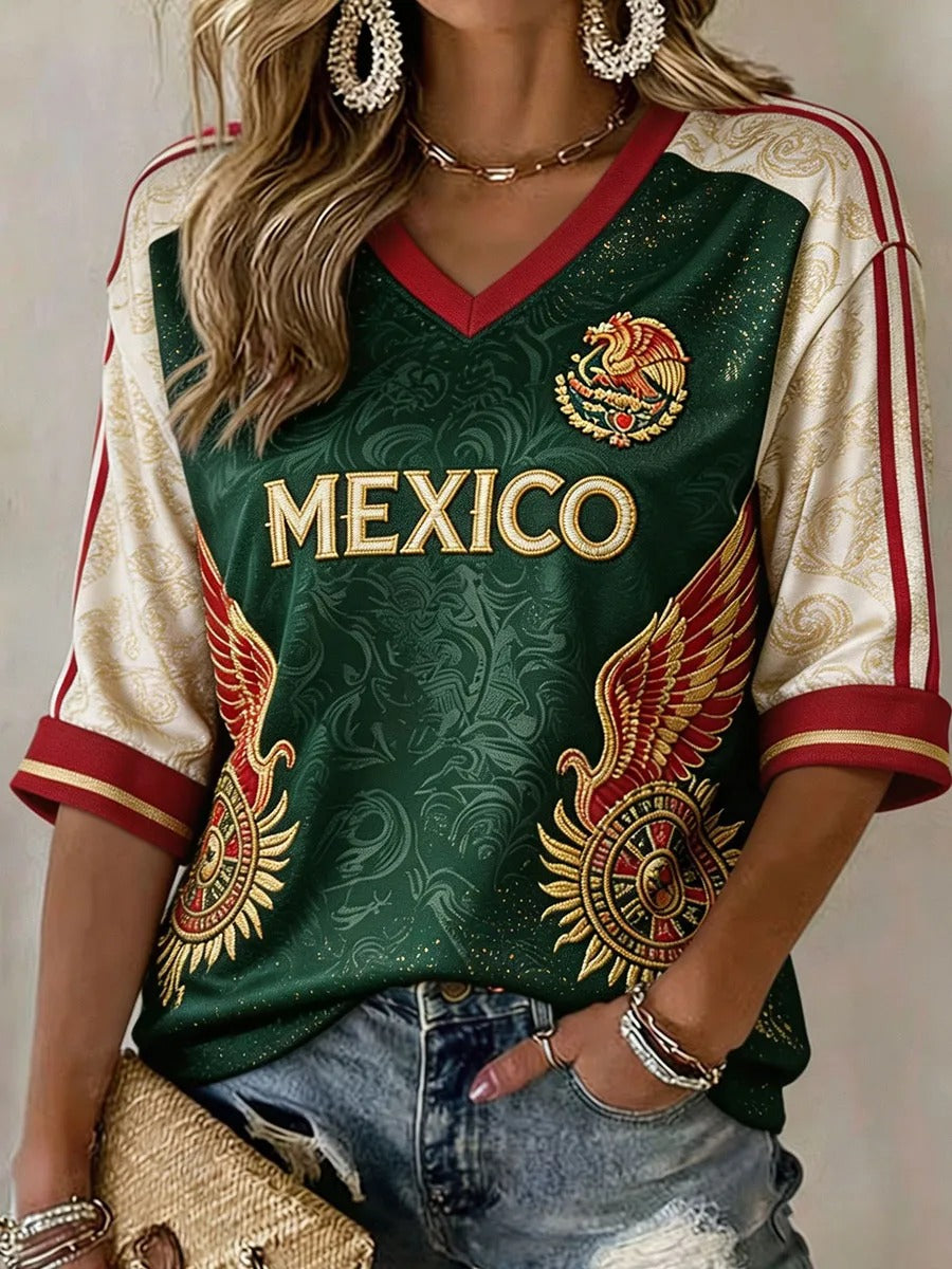 Mexico Eagle Crest V Neck Shirt, Women's Mexico Football Fan Tee, World Soccer Shirt