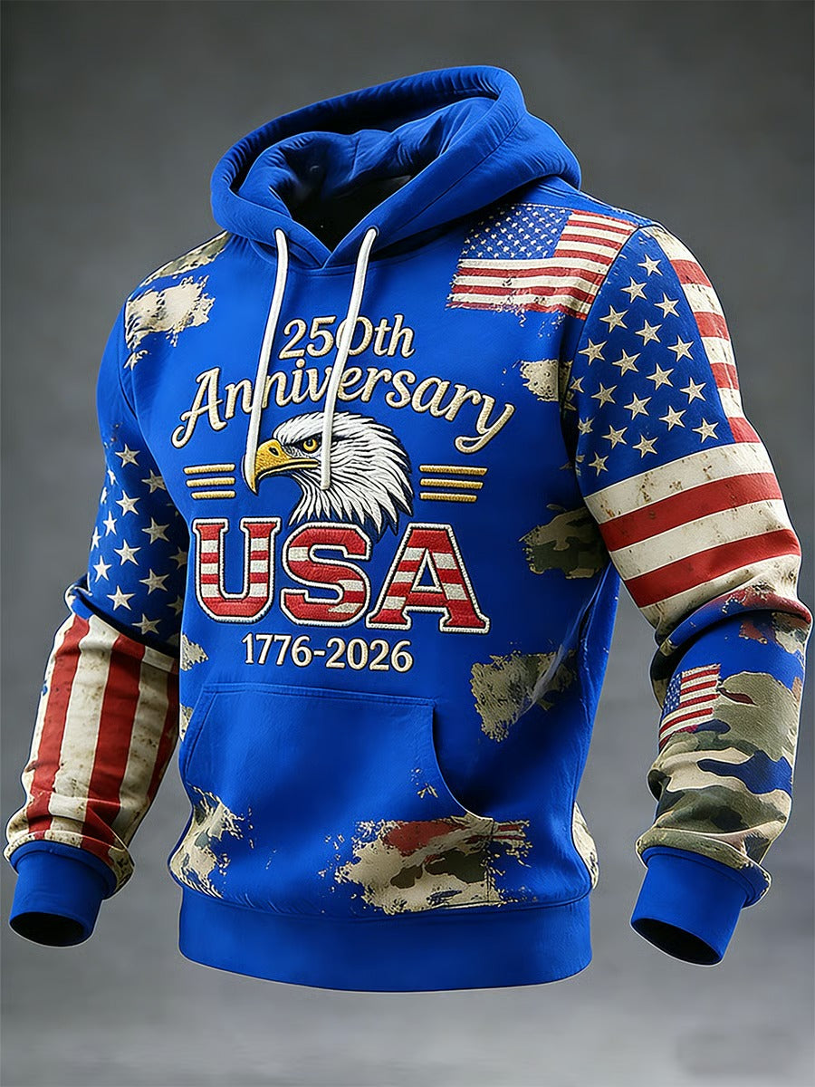 250th Anniversary Eagle USA American Flag Pattern Blue Hoodie, Cool 4th Of July Shirt