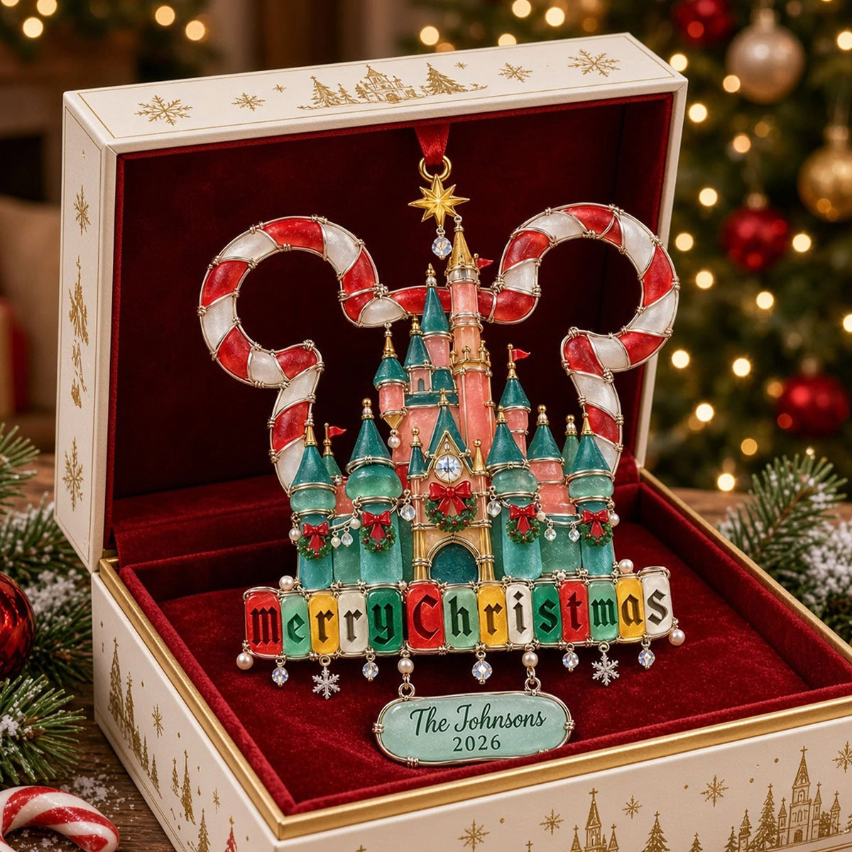 Custom Candy Cane Castle Ornament, Family Christmas Ornament, Christmas Tree Decor