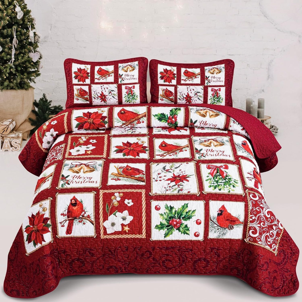 Cardinal Merry Christmas Quilted Bedding Set, Christmas Home Decor, Holiday Gift