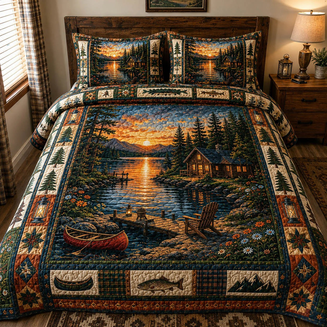 Lakeside Sunset 3-Piece Quilted Bedding Set Fall Quilt Sets Fishing Lover Gift