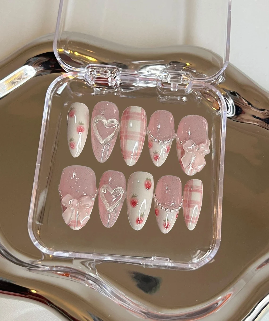 Handmade Pink Coquette Press On Nails, 3D Scrupted Heart Strawberry Reusable Press On Nails
