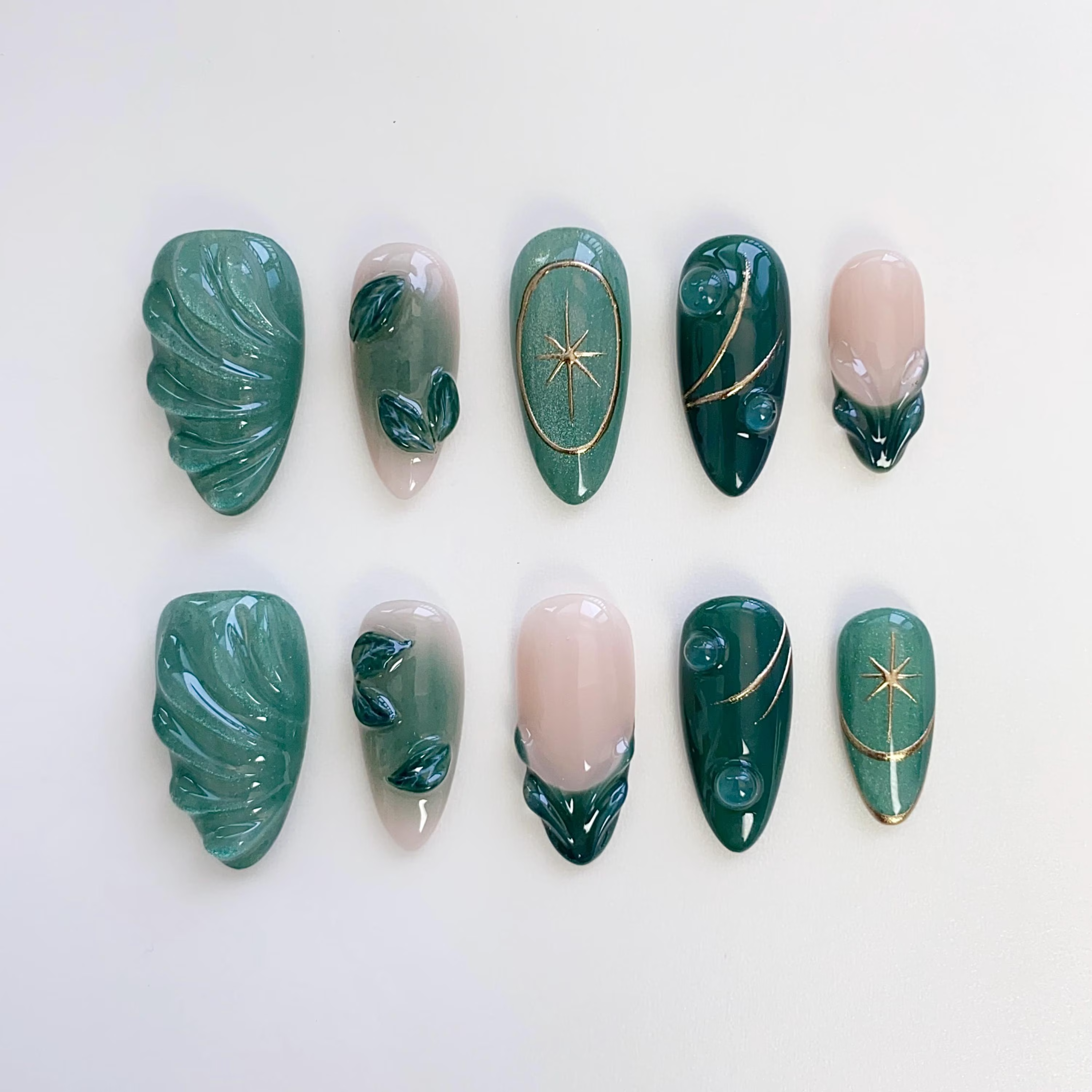3D Emerald Forest Cat Eye Press On Nails, 3D Chrome Nails, Reusable Press On Nails