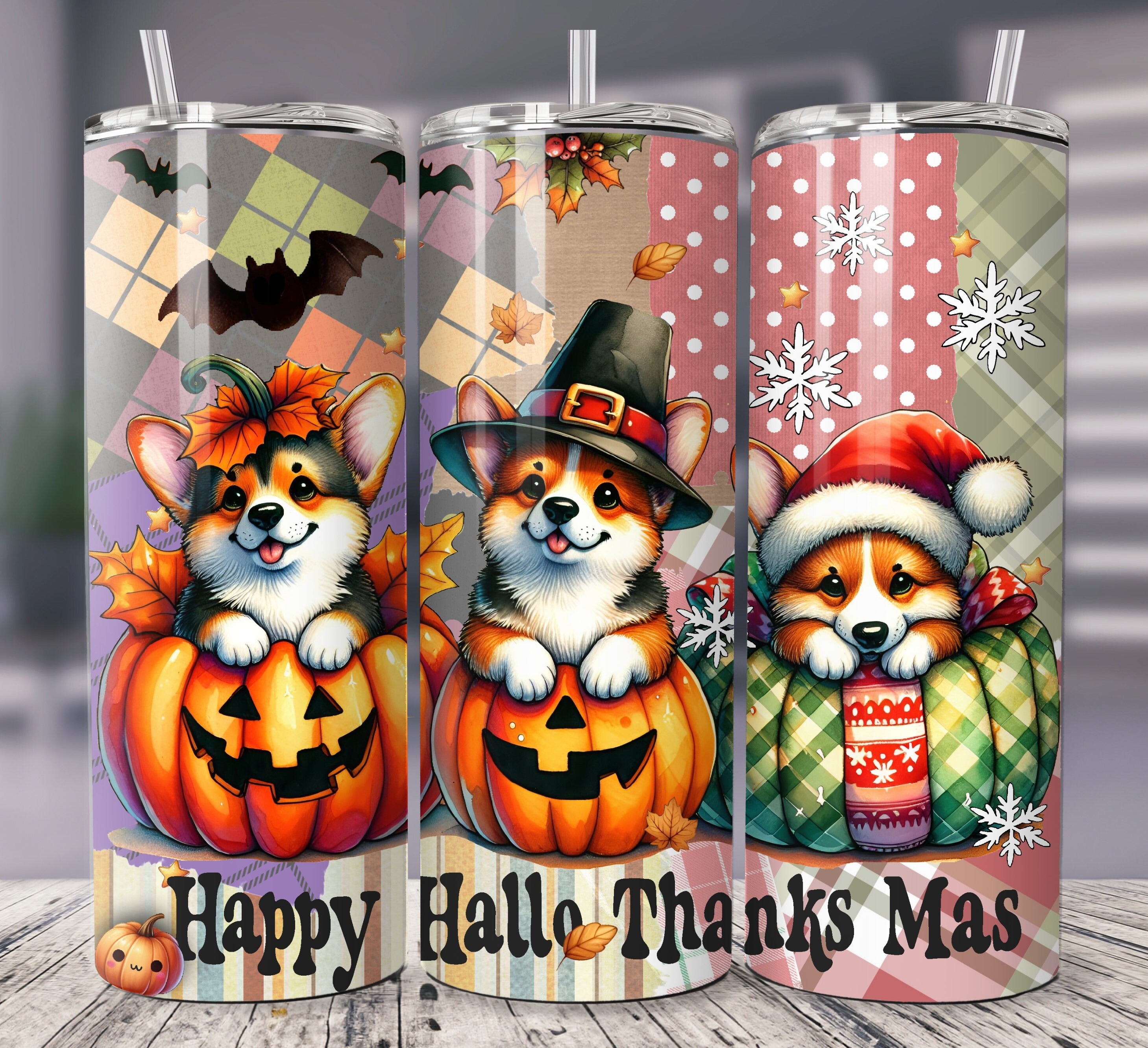 Corgi Hallothanksmas 20oz 30oz Tumbler, Cute Fall Pumpkin Christmas Tumbler, Halloween Gifts