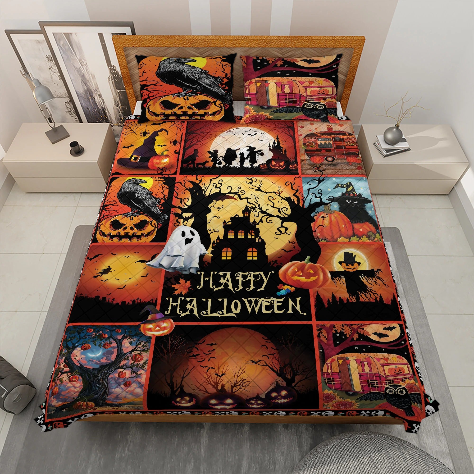 Ghost Bat Halloween Blanket, Best Bed Blankets, Halloween Quilt Bedding Set