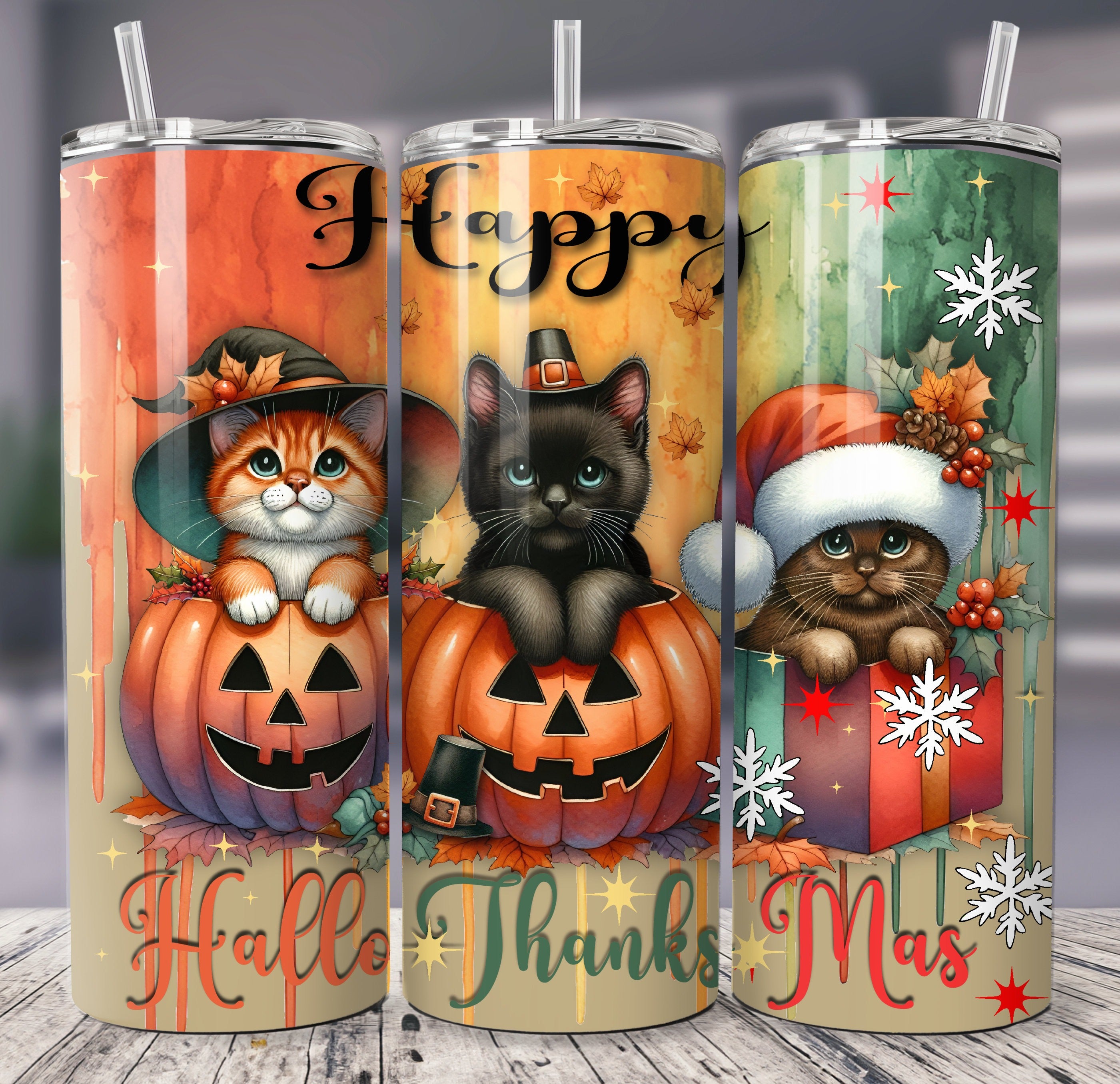 Hallothanksmas Cats 20oz 30oz Tumbler, Fall Thanksgiving Christmas, Halloween Costumes, Halloween Gifts