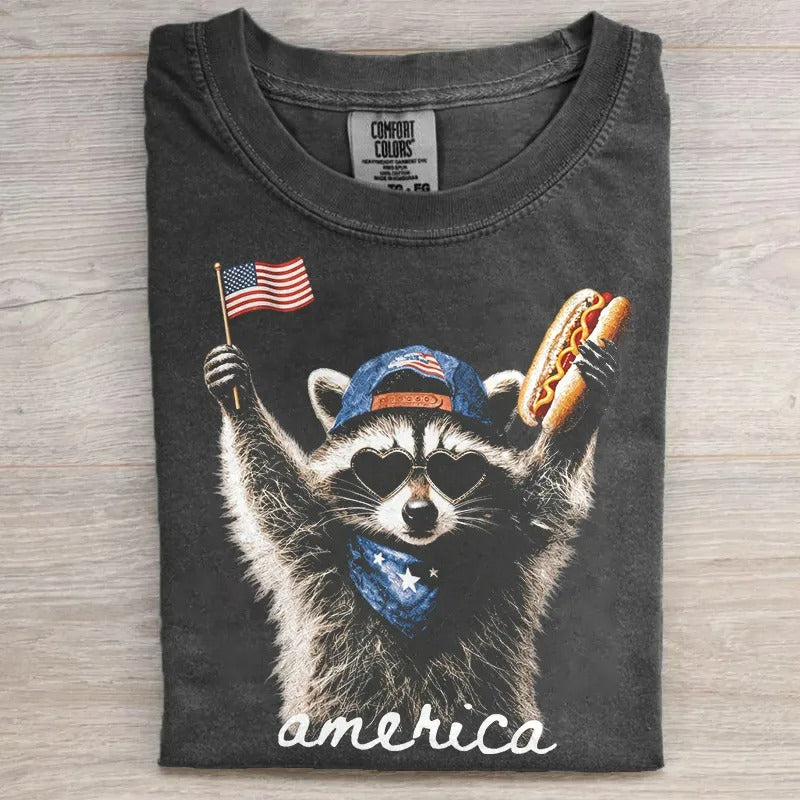 Patriotic Raccoon Shirt, Funny America 4th of July T-Shirt, Raccoon Hot Dog USA Flag Tee