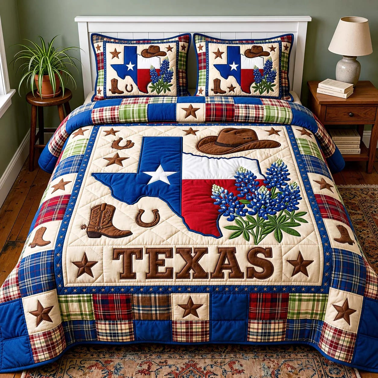 Texas Bluebonnet State 3-Piece Quilted Bedding Set, Fall Quilt Sets, America Gift