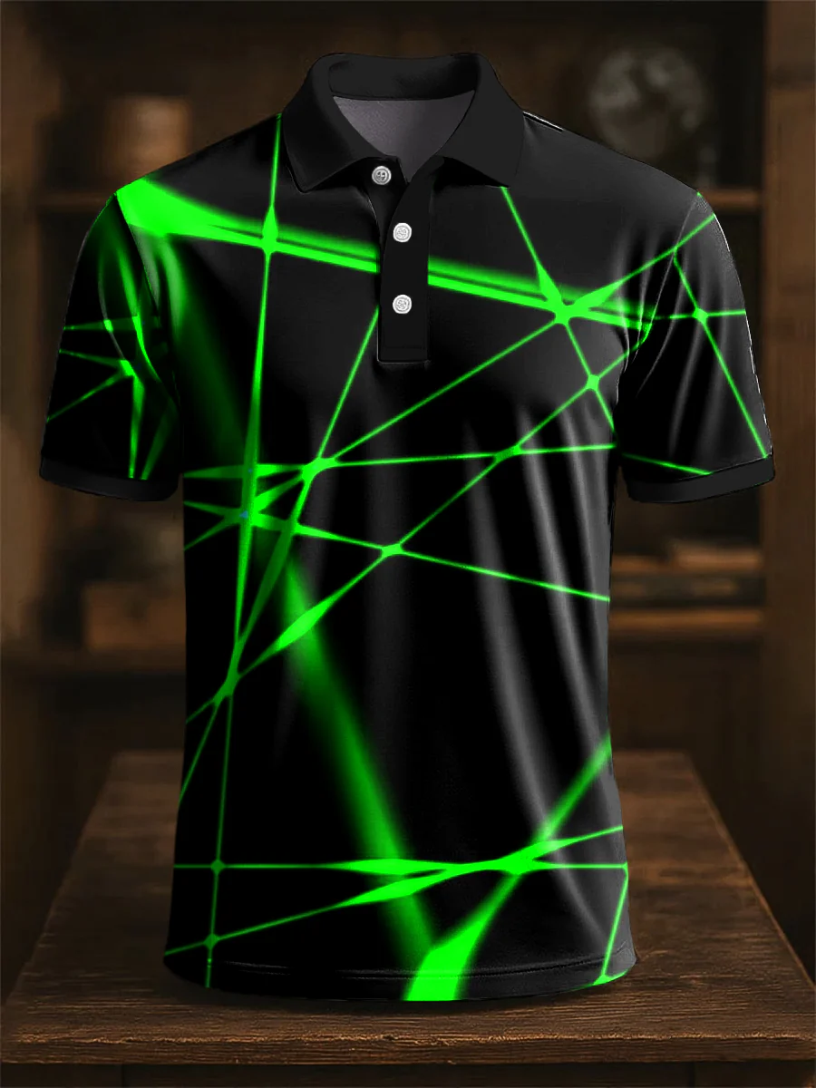 Abstract Fluorescent Line Printing Casual Business Polo Shirt, Polo Shirts For Men, Golf Gift For Men