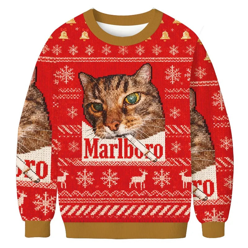 Red Funny Smoking Cat Ugly Sweater, Gift Ideas For Cat Lovers, Christmas Ugly Sweatshirt