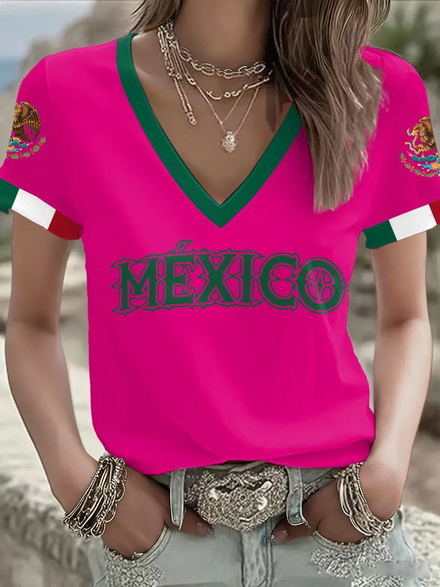 Mexican Flag Tricolor V-neck Shirt, Half Time Show Gameday Shirts, Womens Soccer Shirts
