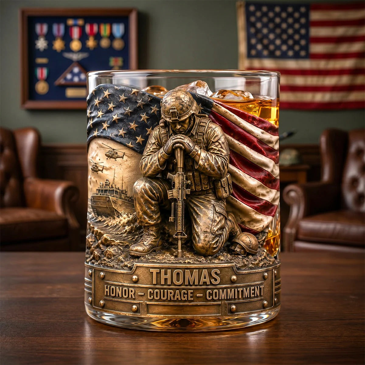 Honor – Courage – Commitment Whiskey Glass, Custom Glass, Military Retirement Gift, Round Glass