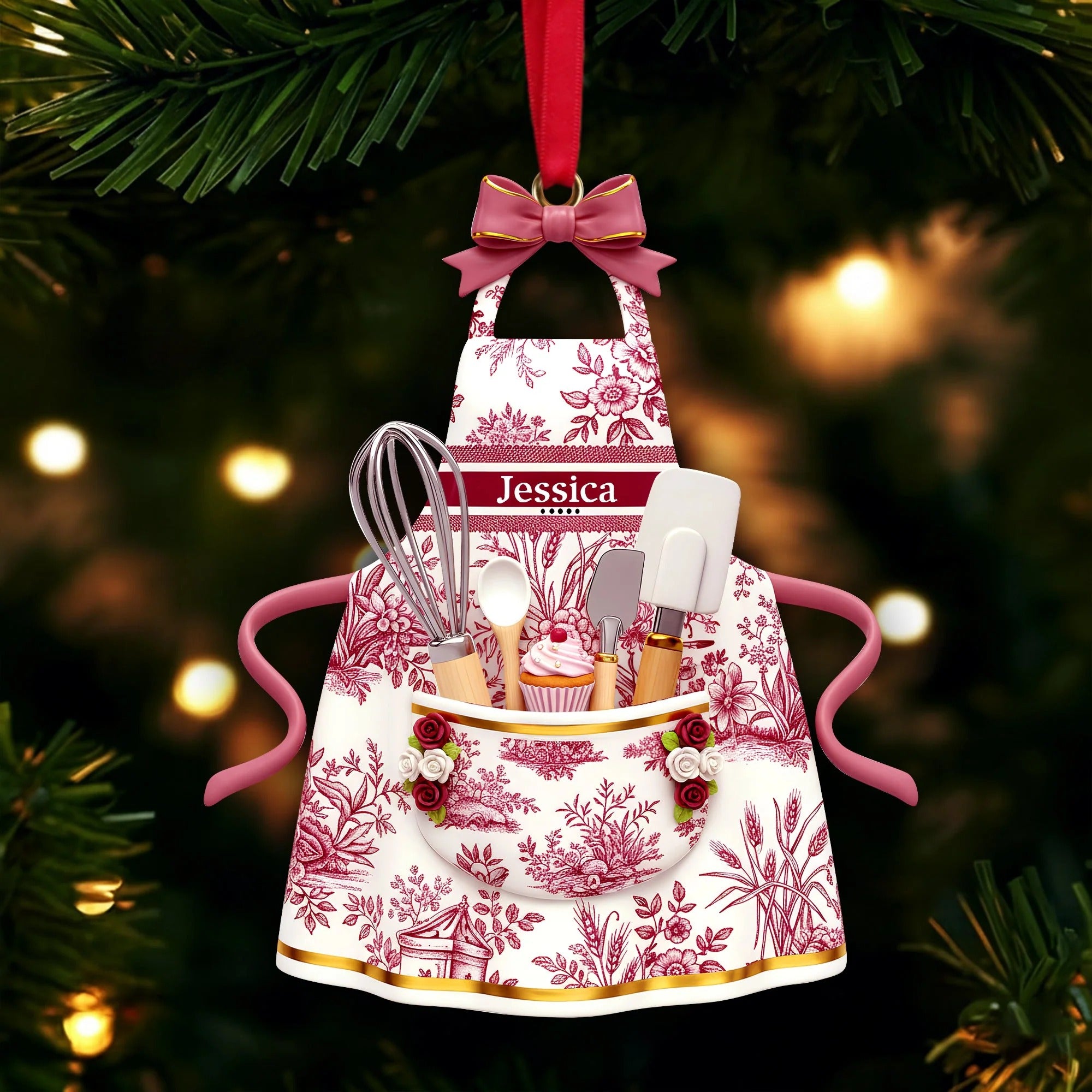 Toile De Jouy Baking Apron Acrylic Christmas Ornament, Gifts For Baking Lovers, Xmas Decor