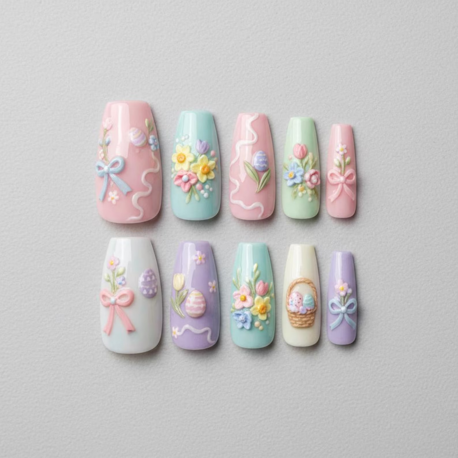 Easter Spring Garden Press On Nails, 3D Bunny Egg Floral Nails, Easter Day Nails