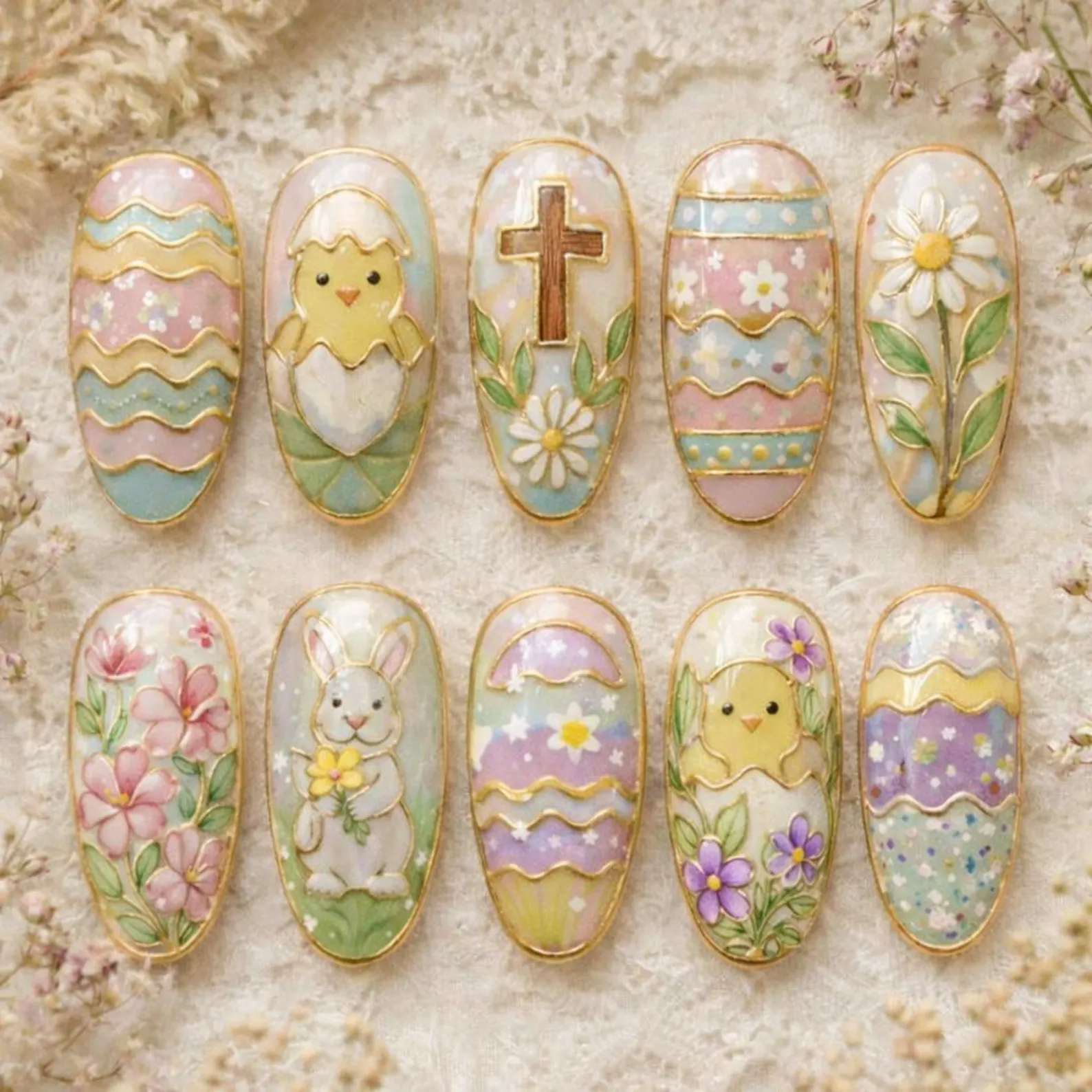 Spring Easter Press On Nails, Pastel Bunny Chick & Floral Spring Nail Art Set, 3D Gold Chrome Easter Nail