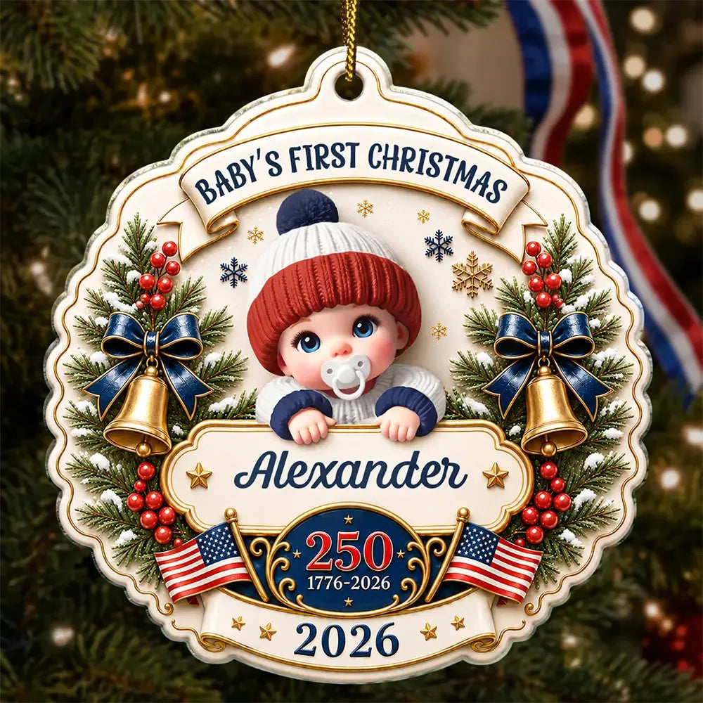 America 250 Baby First Christmas Name Ornament, Newborn Tree Decor, Infant Keepsake