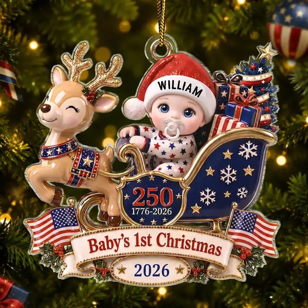 America 250 Reindeer Sleigh Personalized Ornament, First Christmas Keepsake, Baby Gift