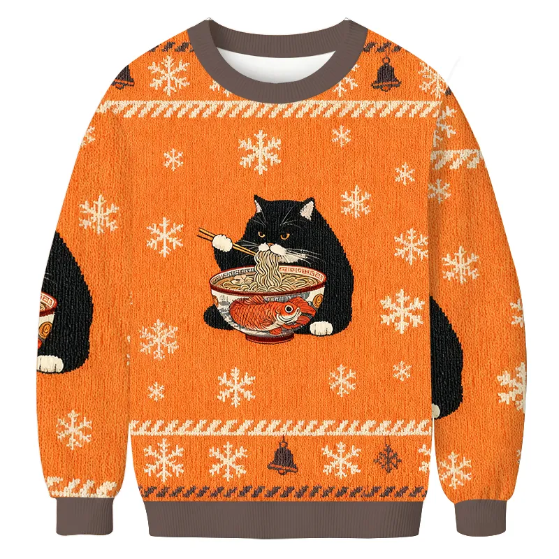 Fat Cat Eating Ramen Vintage Christmas Sweater, Ugly Xmas Sweater, Christmas Ugly Sweatshirt