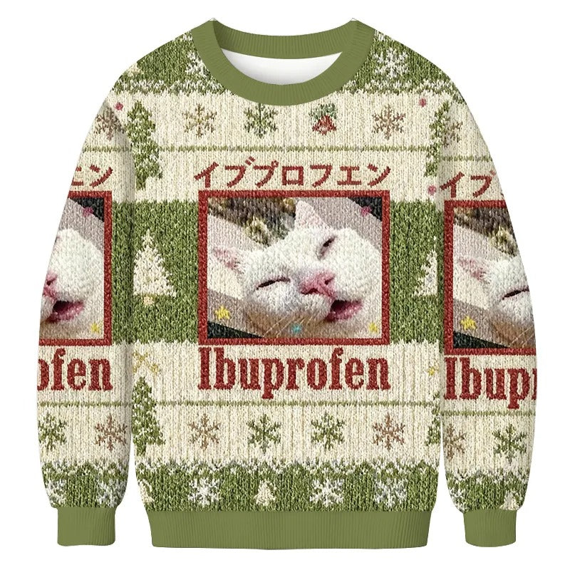 Green Ibuprofen Meme Cat Ugly Sweater, Unique Christmas Gifts, Christmas Ugly Sweatshirt