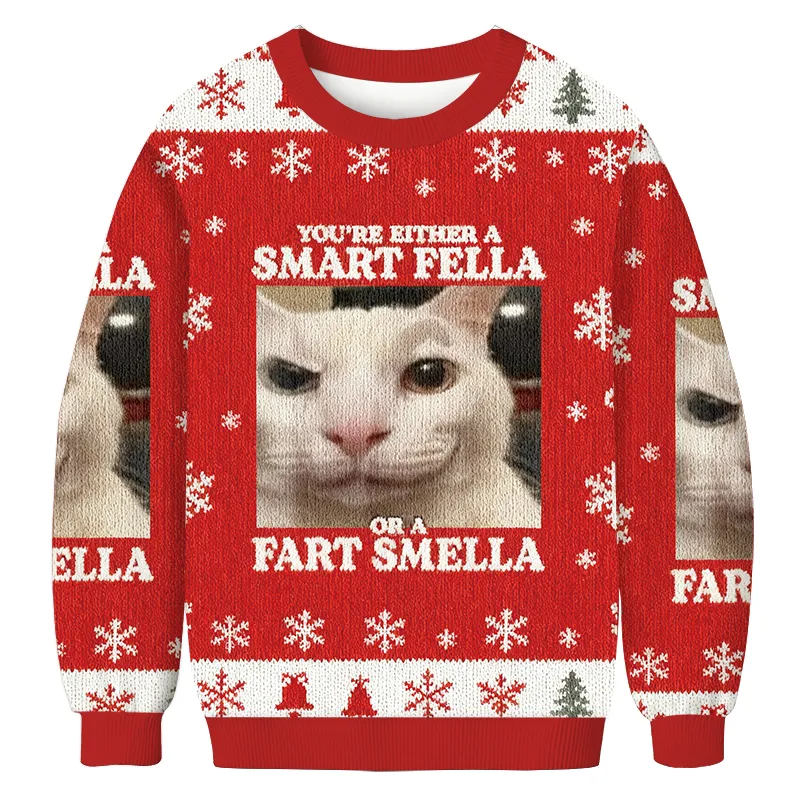You're Either a Smart Fella Funny Cat Meme Vintage Christmas Sweater, Ugly Xmas Sweater, Christmas Ugly Sweatshirt