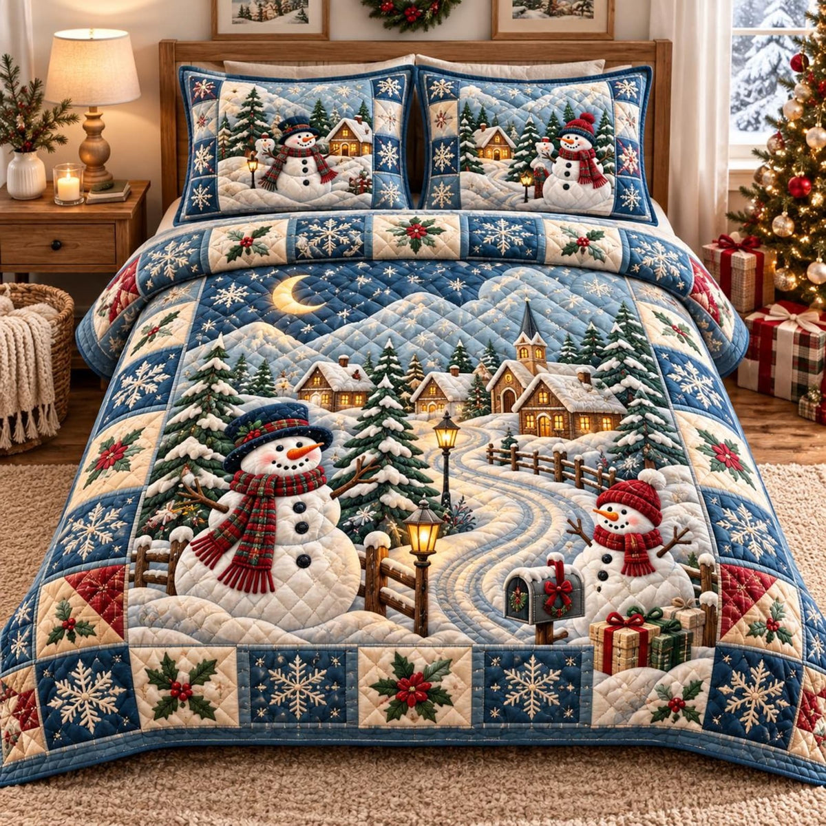 Snowman Winter Village Quilted Bedding Set, Christmas Bedding, Holiday Gift