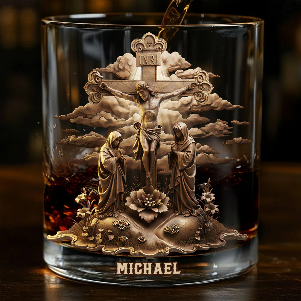 Christmas Jesus Crucified Jesus Statue Whiskey Glass, Custom Name Christmas Jesus Whiskey Glass
