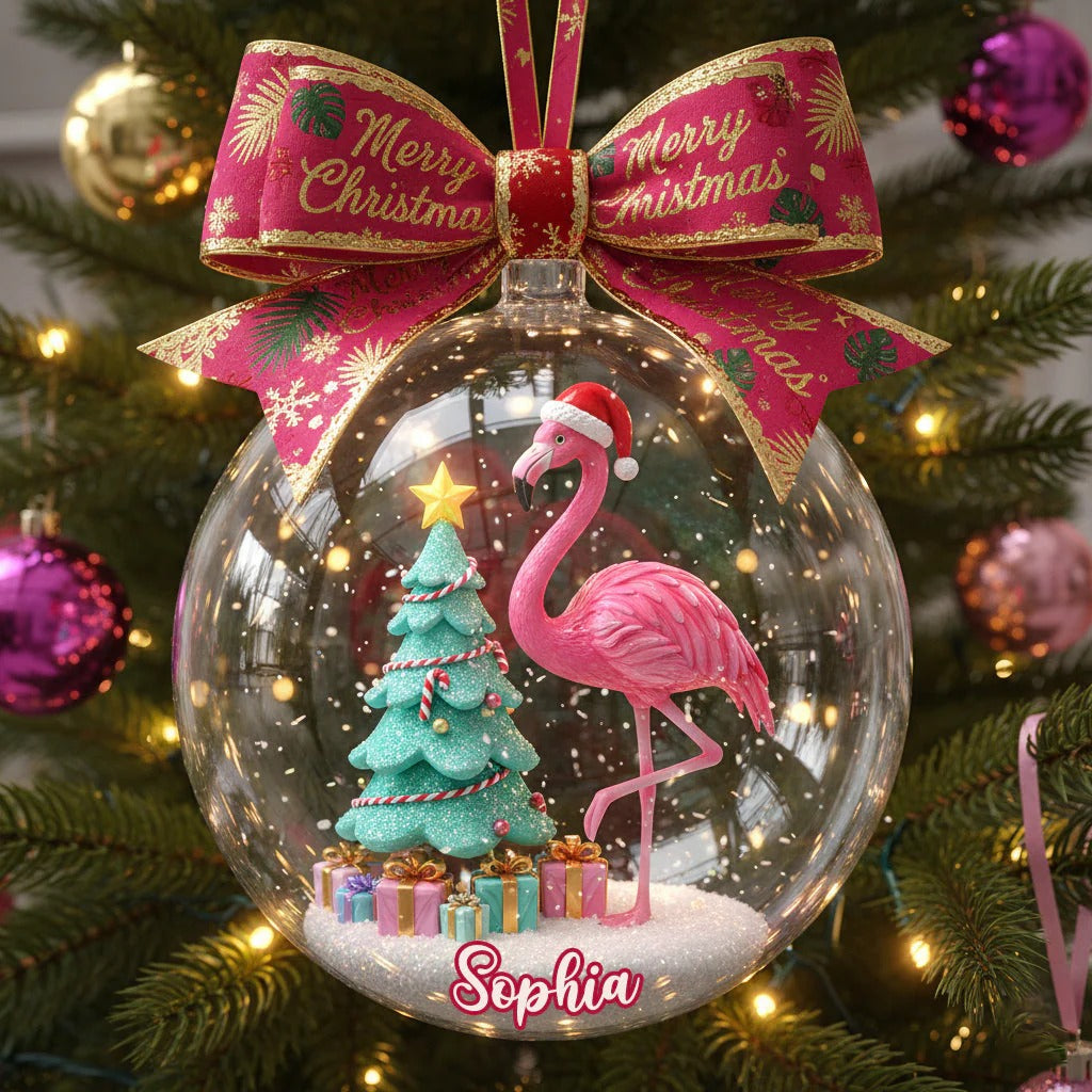 Custom Name Merry Christmas Flamingo Globe Ornament, Christmas Family Ornament, Xmas Tree Decor