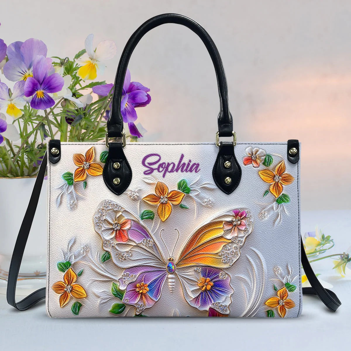 Stunning Butterfly - Personalized Butterfly Leather Handbag - Boho Handbag Gift for Her - Leather Shoulder Bag